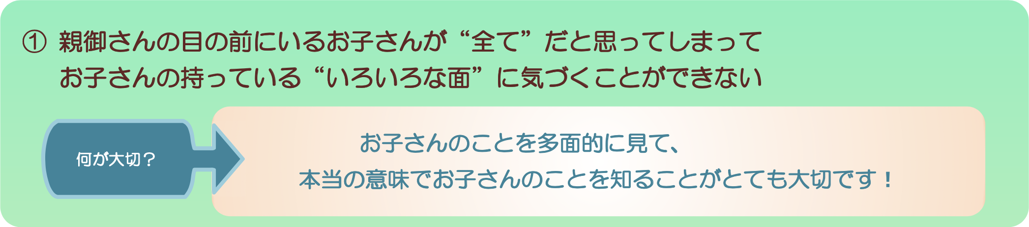 ①親御さんの目の前にいるお子さんが“全て”だと思ってしまってお子さんの持っている“いろいろな面”に気づくことができない。何が大切？お子さんのことを多面的に見て、本当の意味でお子さんのことを知ることがとても大切です！