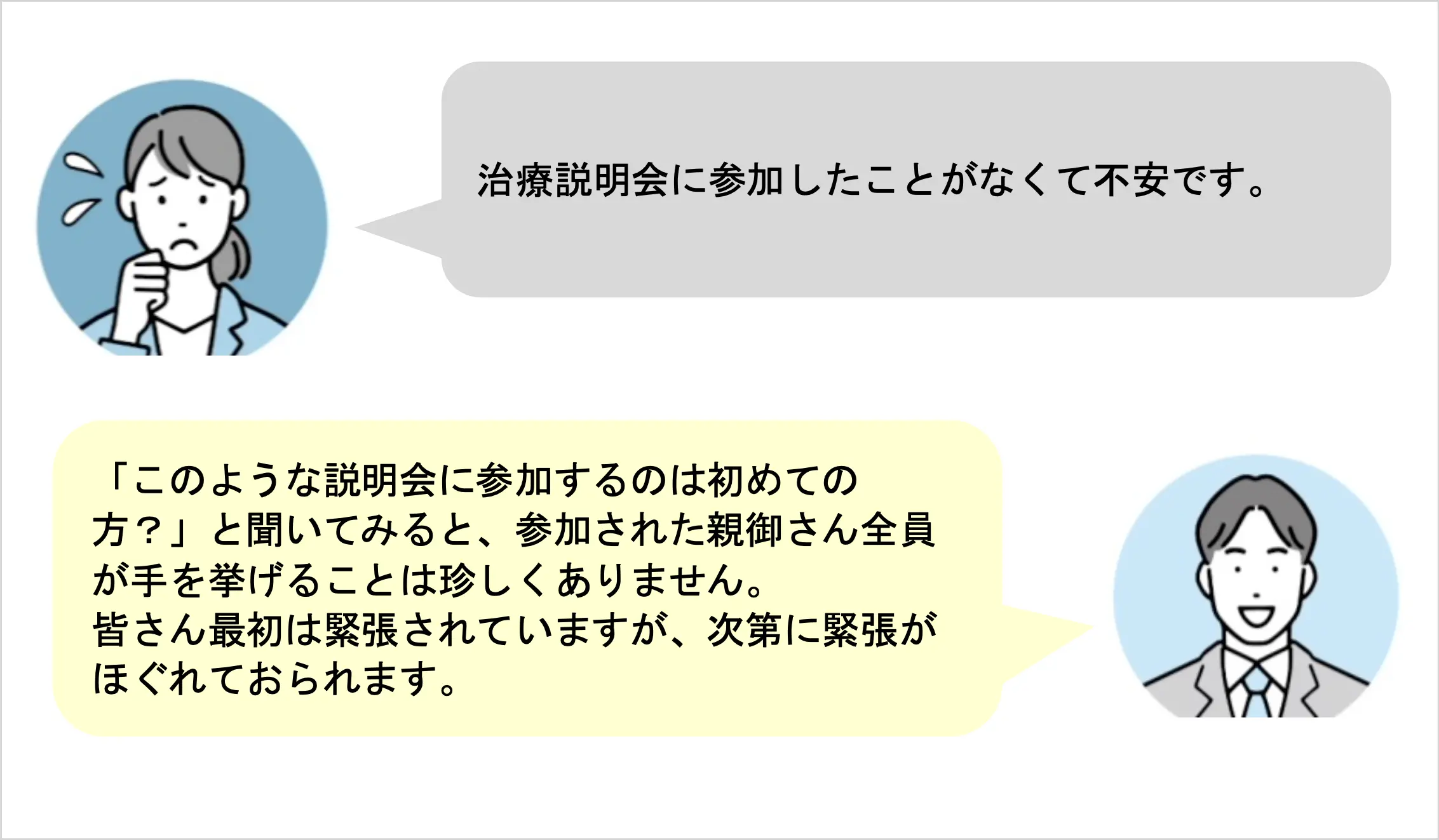 治療説明会に参加したことがなくて不安です。「このような説明会に参加するのは初めての方?」と聞いてみると、参加された親御さん全員が手を挙げることは珍しくありません。皆さん最初は緊張されていますが、次第に緊張がほぐれておられます。