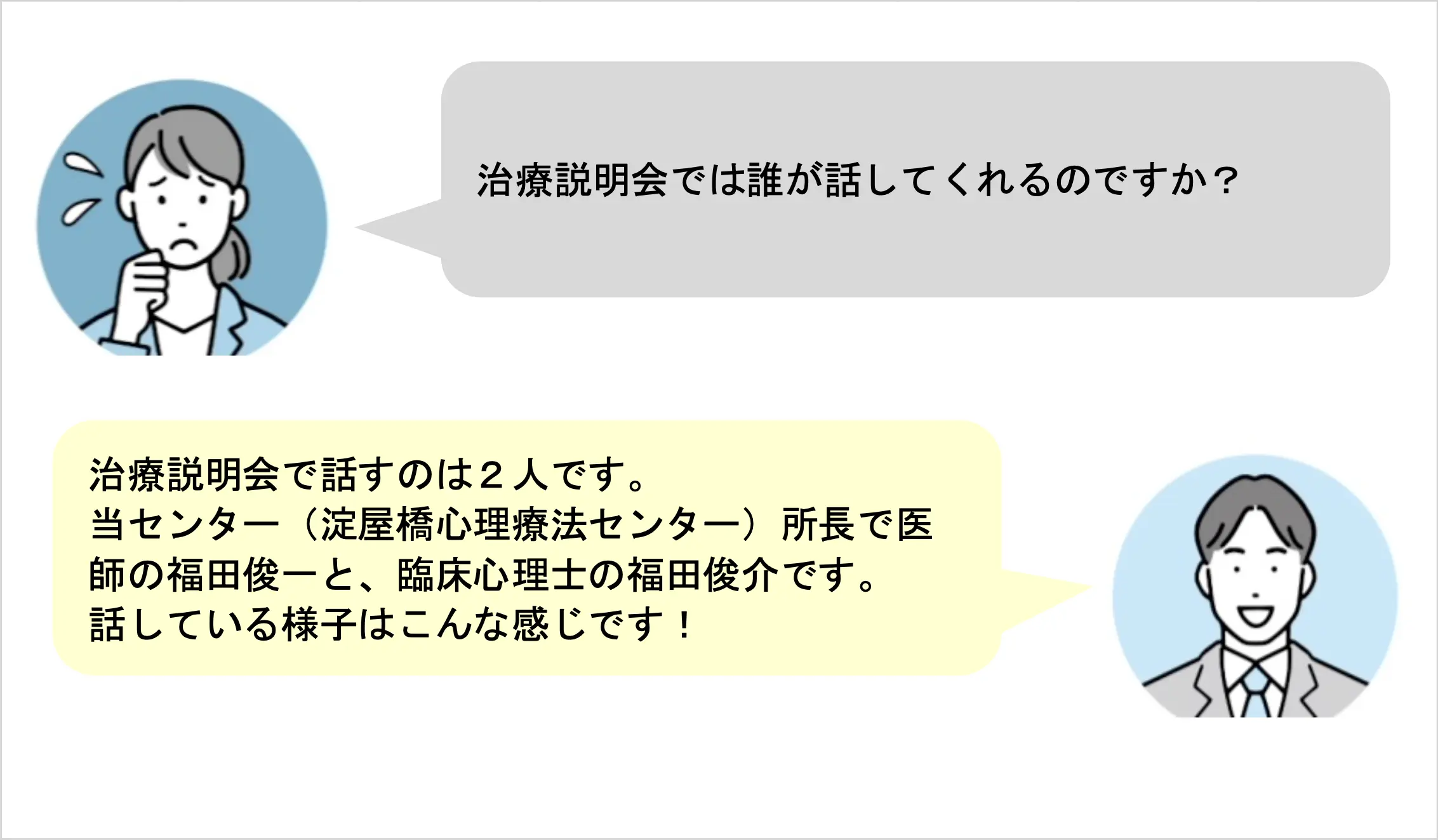 治療説明会では誰が話してくれるのですか?治療説明会で話すのは2人です。当センター(淀屋橋心理療法センター)所長で医師の福田俊一と、臨床心理士の福田俊介です。話している様子はこんな感じです!