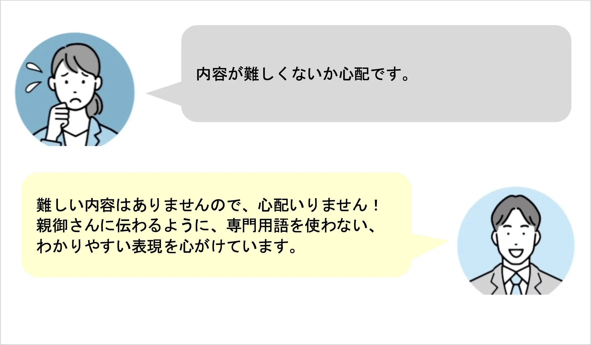 内容が難しくないか心配です。難しい内容はありませんので、心配いりません!親御さんに伝わるように、専門用語を使わない、わかりやすい表現を心がけています。