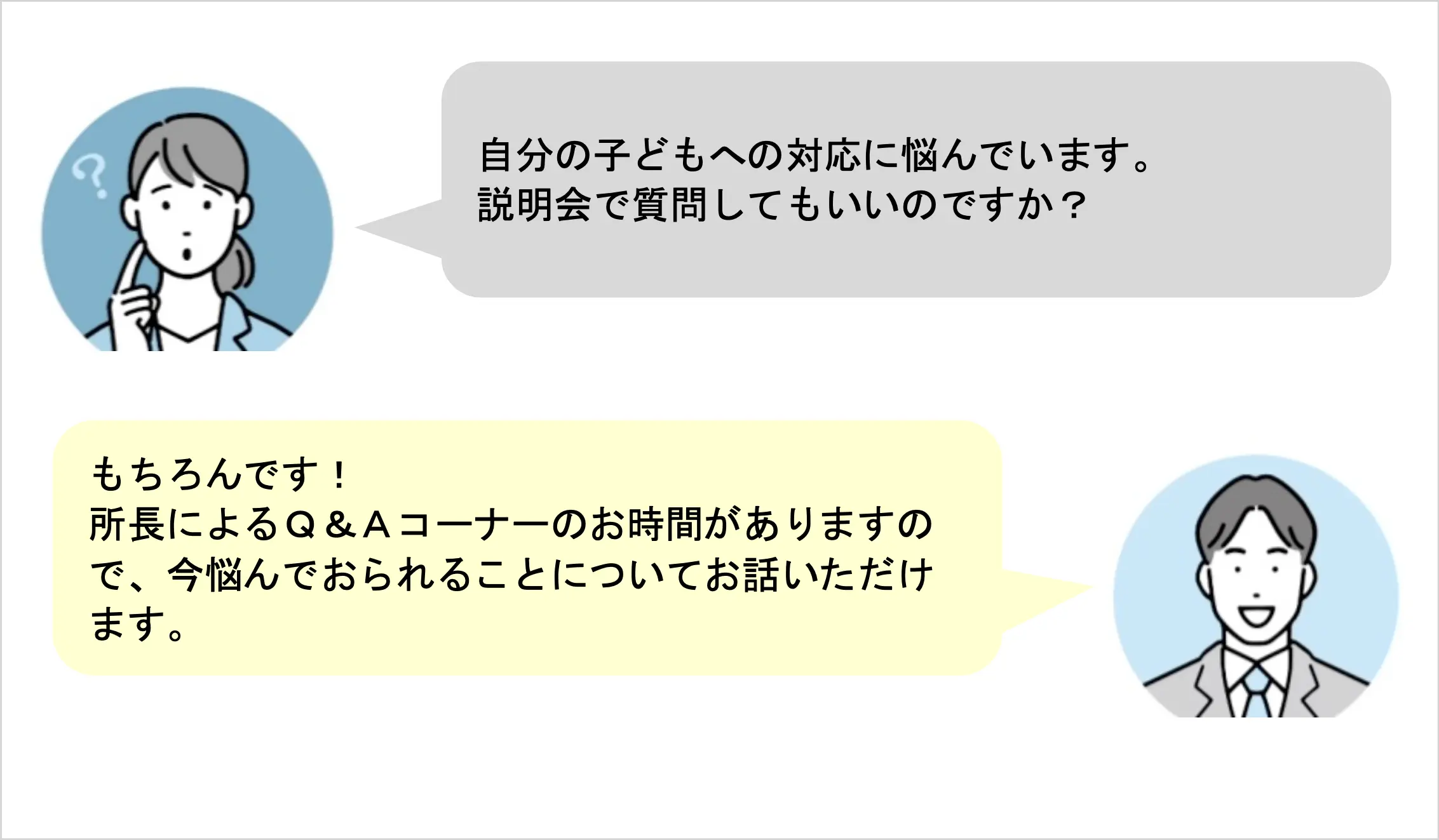 自分の子どもへの対応に悩んでいます。説明会で質問してもいいのですか?もちろんです!所長によるQ&Aコーナーのお時間がありますので、今悩んでおられることについてお話いただけます。