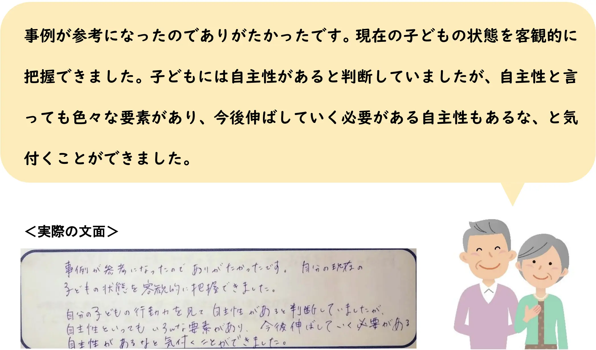 事例が参考になったのでありがたかったです。現在の子どもの状態を客観的に把握できました。子どもには自主性があると判断していましたが、自主性と言っても色々な要素があり、今後伸ばしていく必要がある自主性もあるな、と気付くことができました。