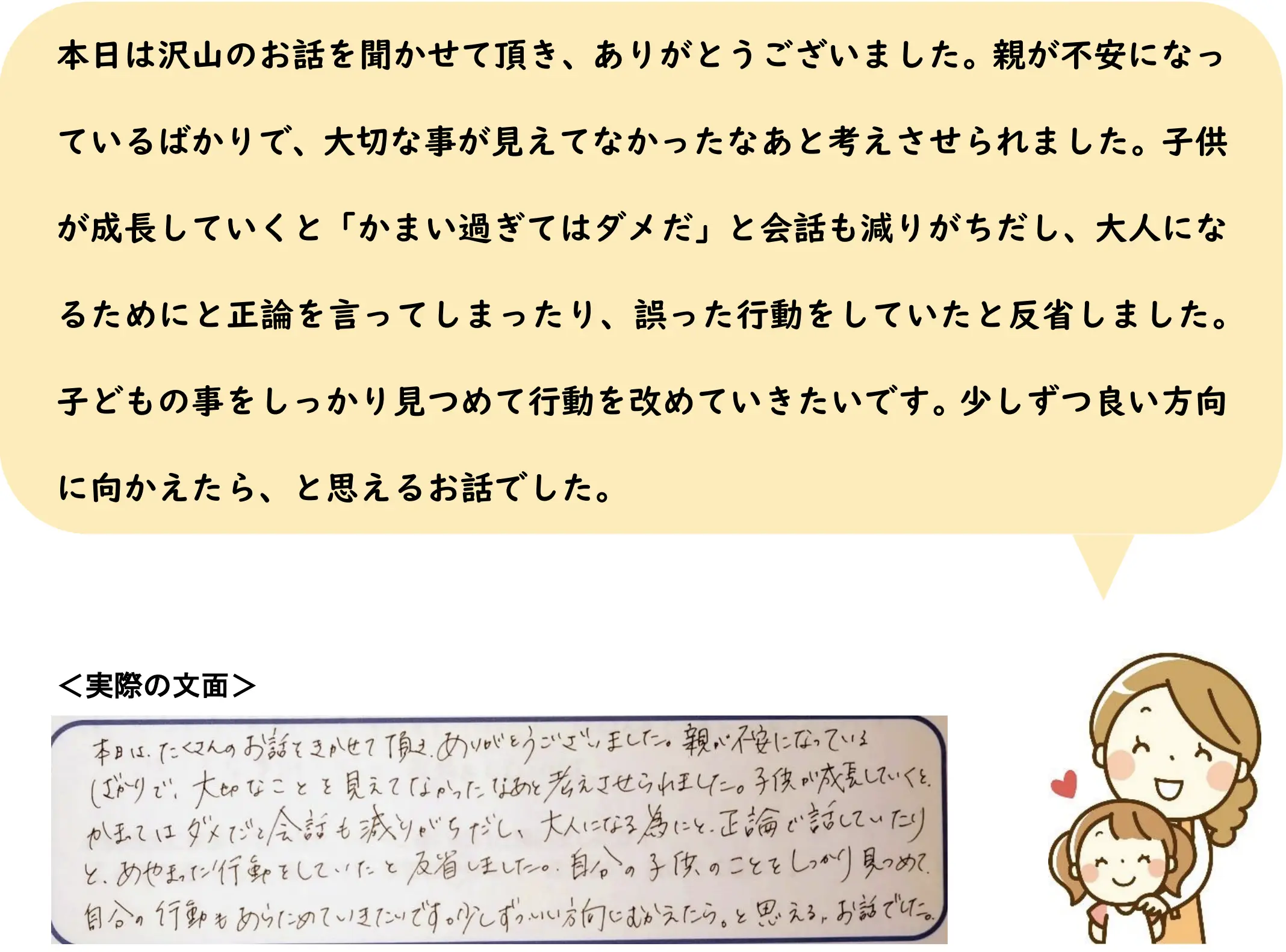 本日は沢山のお話を聞かせて頂き、ありがとうございました。親が不安になっているばかりで、大切な事が見えてなかったなあと考えさせられました。子供が成長していくと「かまい過ぎてはダメだ」と会話も減りがちだし、大人になるためにと正論を言ってしまったり、誤った行動をしていたと反省しました。子どもの事をしっかり見つめて行動を改めていきたいです。少しずつ良い方向に向かえたら、と思えるお話でした。