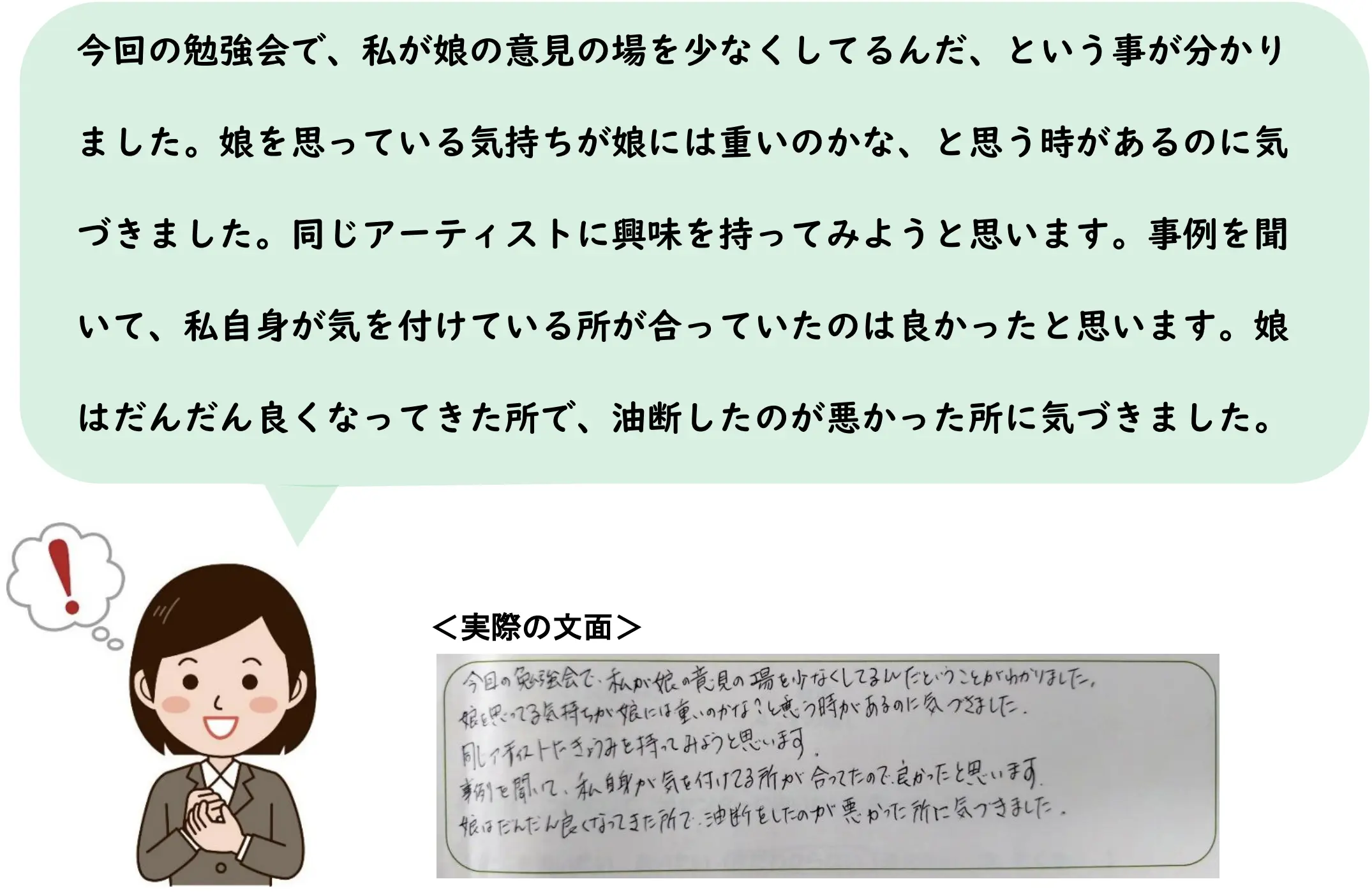 今回の勉強会で、私が娘の意見の場を少なくしてるんだ、という事が分かりました。娘を思っている気持ちが娘には重いのかな、と思う時があるのに気づきました。同じアーティストに興味を持ってみようと思います。事例を聞いて、私自身が気を付けている所が合っていたのは良かったと思います。娘はだんだん良くなってきた所で、油断したのが悪かった所に気づきました。