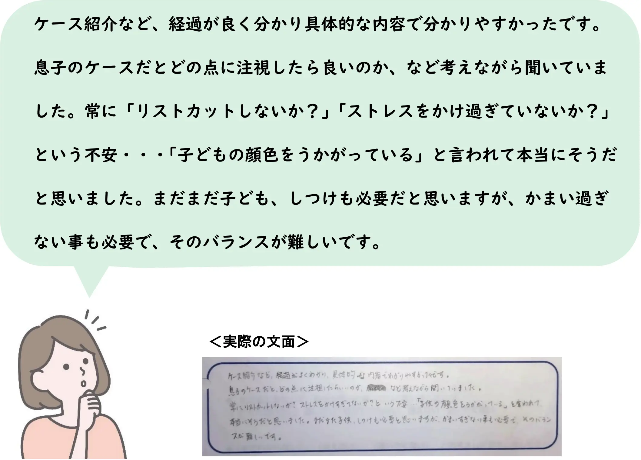 ケース紹介など、経過が良く分かり具体的な内容で分かりやすかったです。 息子のケースだとどの点に注視したら良いのか、など考えながら聞いていま した。常に「リストカットしないか?」「ストレスをかけ過ぎていないか?」 という不安・・・「子どもの顔色をうかがっている」と言われて本当にそうだ と思いました。まだまだ子ども、しつけも必要だと思いますが、かまい過ぎ ない事も必要で、そのバランスが難しいです。