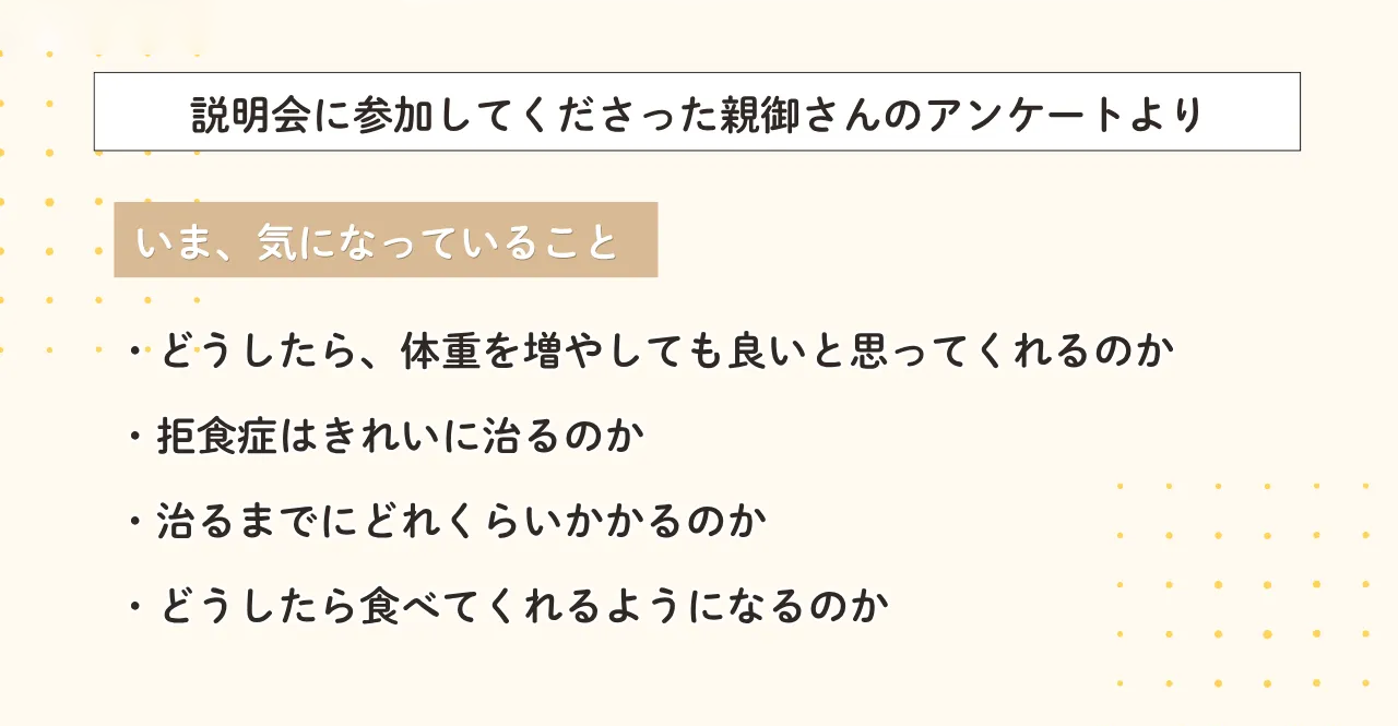 説明会に参加してくださった親御さんのアンケートより、今、気になっていること。どうしたら、体重を増やしても良いと思ってくれるか。拒食症は綺麗に治るか。治るまでにどれくらいかかるのか。どうした食べてくkれるようになるのか。：カウンセリング（摂食障害）